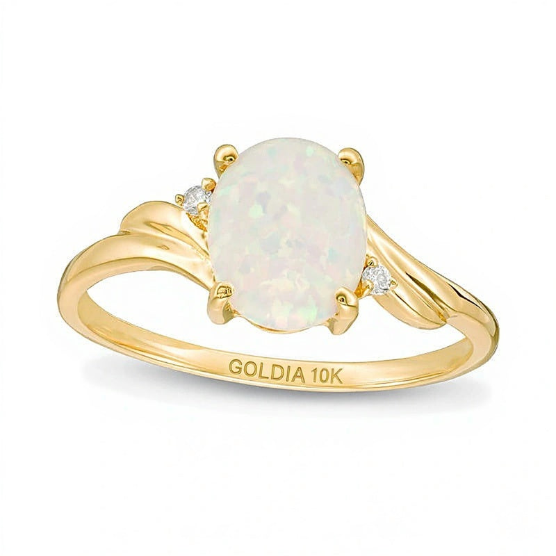 Oval Lab-Created Opal and Diamond Accent Bypass Swirl Shank Ring in 10K Gold