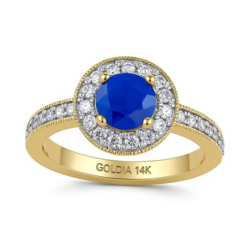 6.0mm Blue Sapphire and 0.38 CT. TW Lab-Grown Diamond Frame Vintage-Style Ring in 14K Gold
