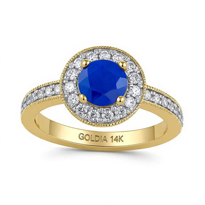 6.0mm Blue Sapphire and 0.38 CT. TW Lab-Grown Diamond Frame Vintage-Style Ring in 14K Gold