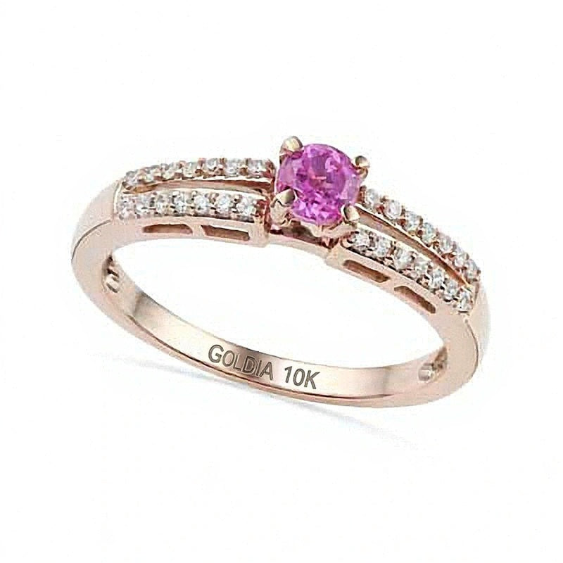 Lab-Created Pink Sapphire and 0.1 CT. TW Diamond Promise Ring in 10K Rose Gold