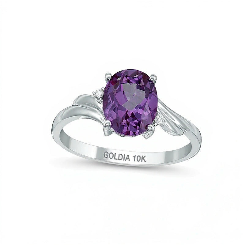 Oval Lab-Created Alexandrite and Diamond Accent Bypass Swirl Shank Ring in 10K White Gold