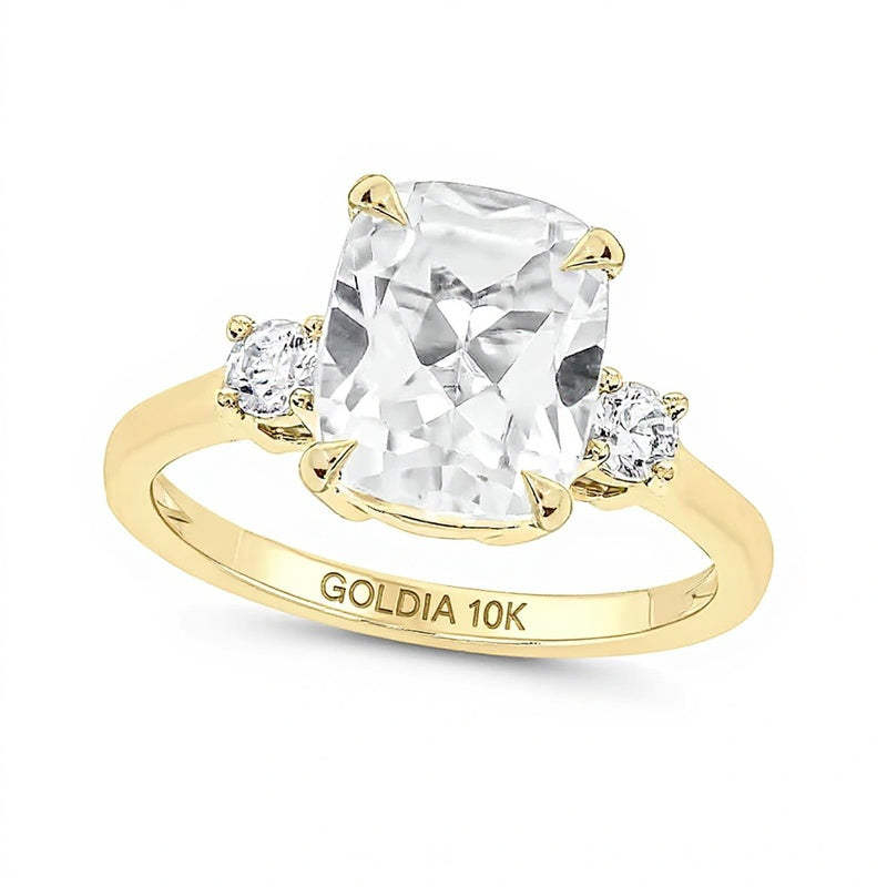 Cushion-Cut White Lab-Created Sapphire and 0.2 CT. TW Diamond Side Accents Ring in 10K Gold