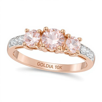 5.0mm Morganite and 0.1 CT. TW Diamond Three Stone Engagement Ring in 10K Rose Gold