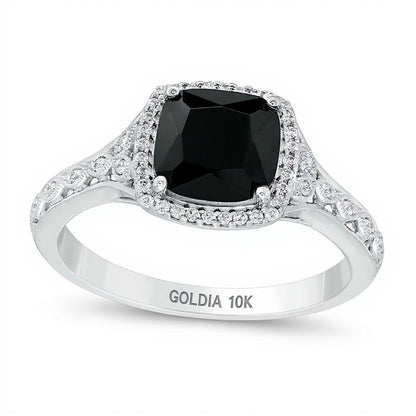 7.0mm Cushion-Cut Black Sapphire and 0.1 CT. TW Diamond Frame Vintage-Style Ring in 10K White Gold