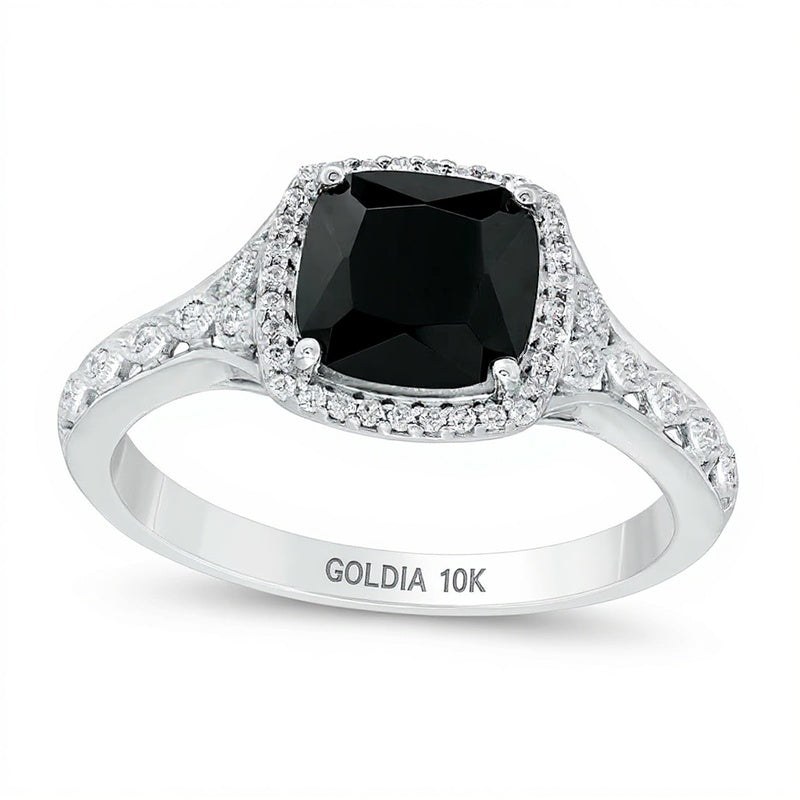 7.0mm Cushion-Cut Black Sapphire and 0.1 CT. TW Diamond Frame Vintage-Style Ring in 10K White Gold
