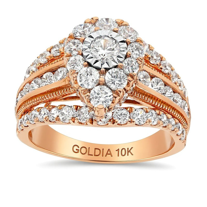2.0 CT. TW Pear Multi-Diamond Vintage-Style Multi-Row Shank Engagement Ring in 10K Rose Gold