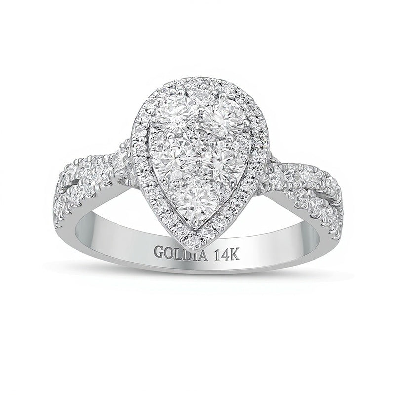 Previously Owned 1.25 CT. TW Composite Pear-Shaped Diamond Frame Twist Shank Engagement Ring in 14K White Gold