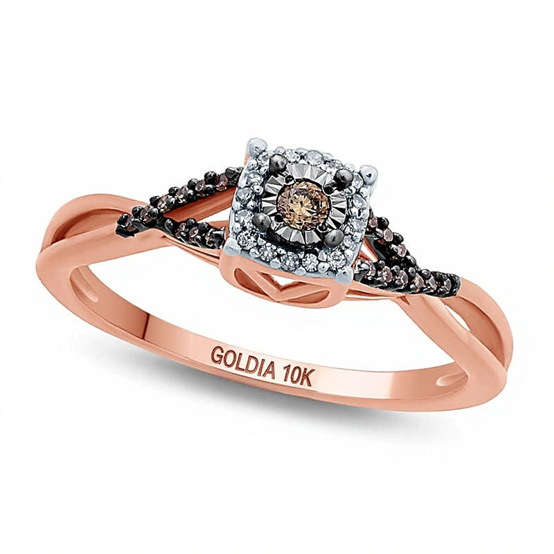 0.1 CT. TW Champagne and White Diamond Frame Twist Shank Promise Ring in 10K Rose Gold