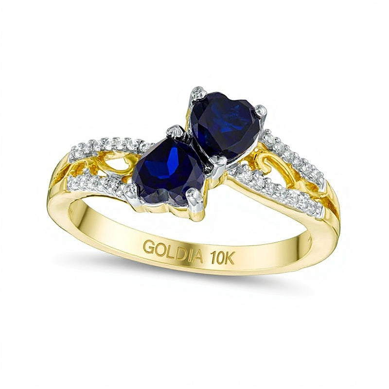 5.0mm Heart-Shaped Lab-Created Blue Sapphire and Diamond Accent Mirrored Split Shank Scroll Ring in 10K Gold