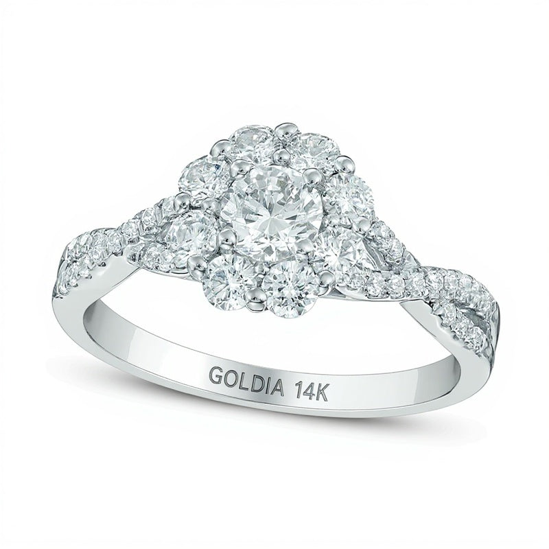 0.88 CT. TW Diamond Flower Frame Twist Engagement Ring in 14K White Gold