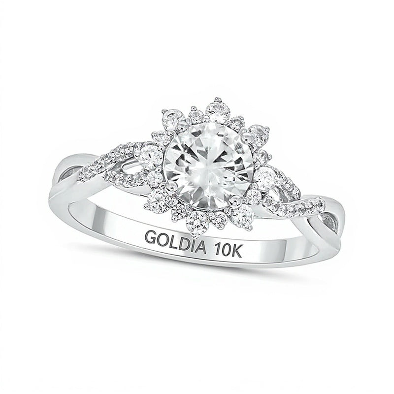 6.0mm White Lab-Created Sapphire and 0.25 CT. TW Diamond Sunburst Frame Twist Shank Engagement Ring in 10K Gold