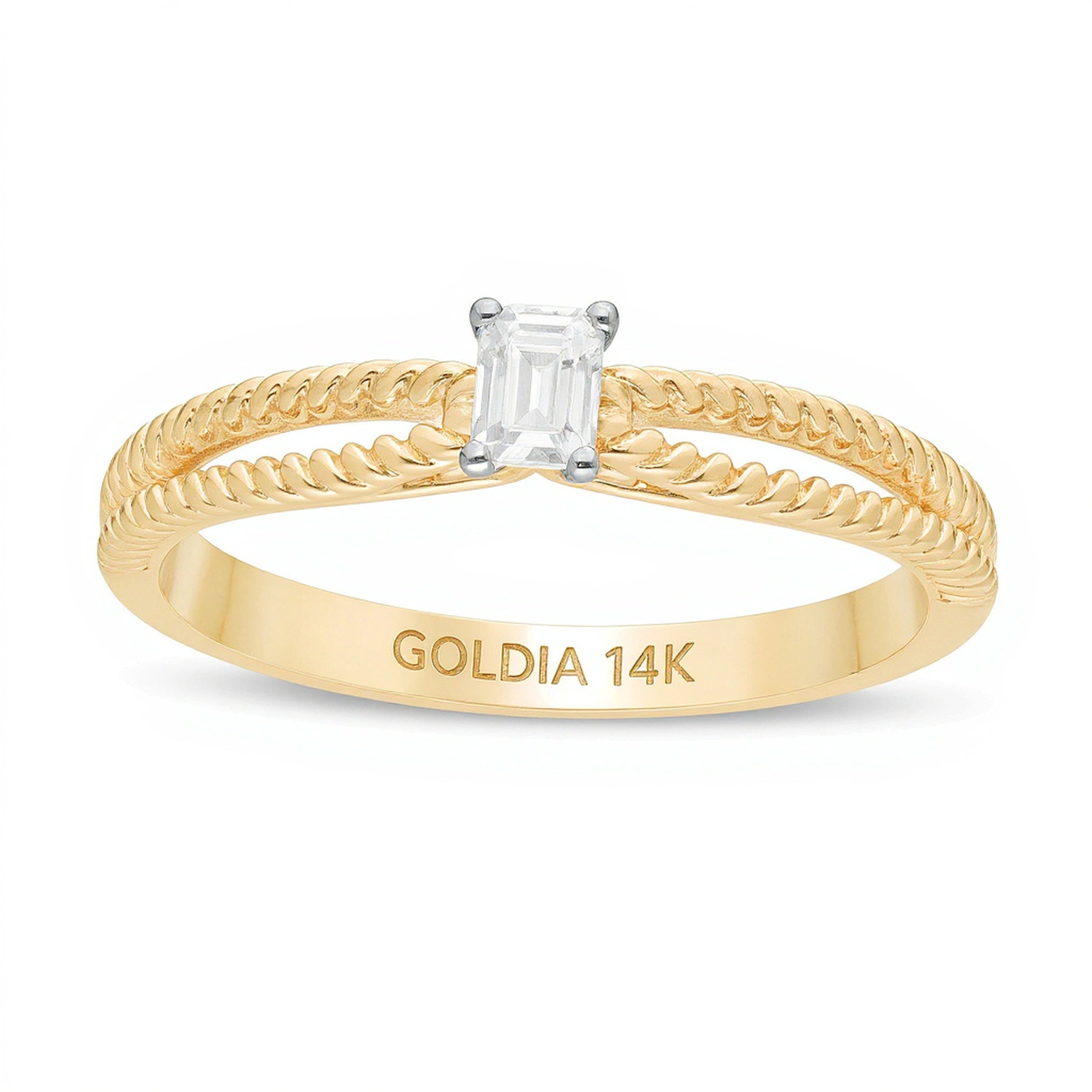 0.2 CT. Emerald-Cut Diamond Solitaire Rope Split Shank Promise Ring in 14K Gold