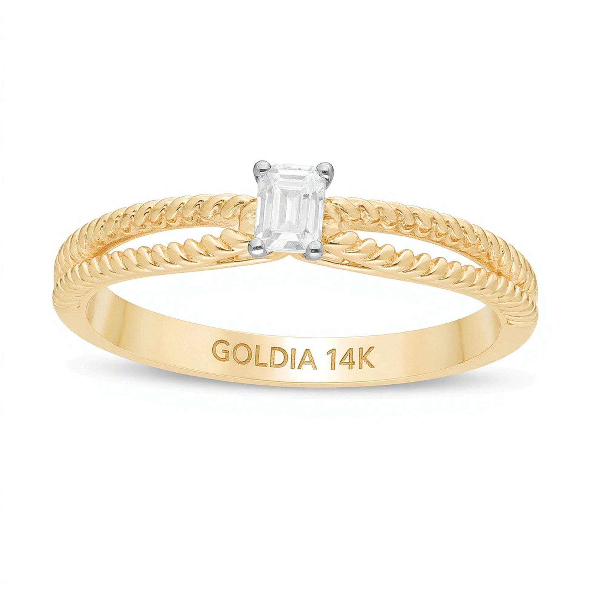 0.2 CT. Emerald-Cut Diamond Solitaire Rope Split Shank Promise Ring in 14K Gold