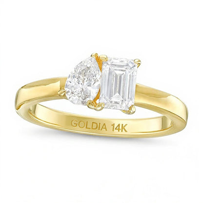 1.0 CT. TW Pear-Shaped and Emerald-Cut Diamond Toi et Moi Engagement Ring in 14K Gold