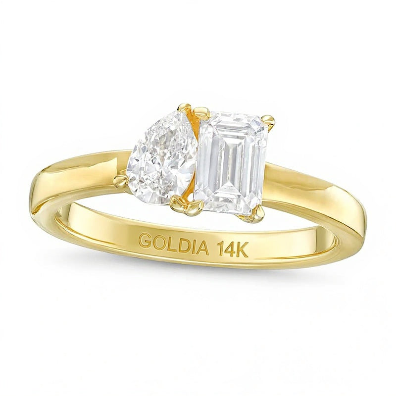 1.0 CT. TW Pear-Shaped and Emerald-Cut Diamond Toi et Moi Engagement Ring in 14K Gold