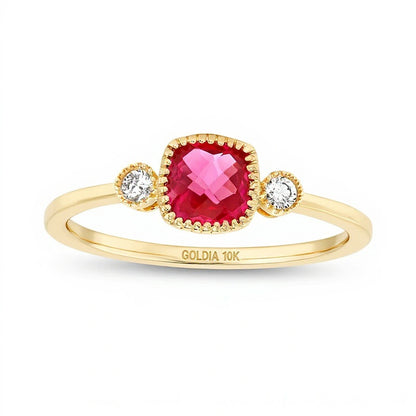 5.0mm Cushion-Shaped Lab-Created Ruby and 0.05 CT. TW Diamond Vintage-Style Ring in 10K Gold