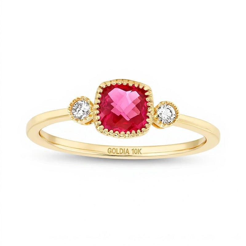 5.0mm Cushion-Shaped Lab-Created Ruby and 0.05 CT. TW Diamond Vintage-Style Ring in 10K Gold