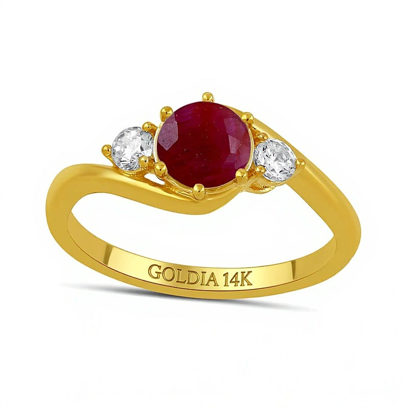 6.0mm Ruby and 0.2 CT. TW Lab-Grown Diamond Three Stone Bypass Ring in 14K Gold