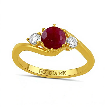 6.0mm Ruby and 0.2 CT. TW Lab-Grown Diamond Three Stone Bypass Ring in 14K Gold