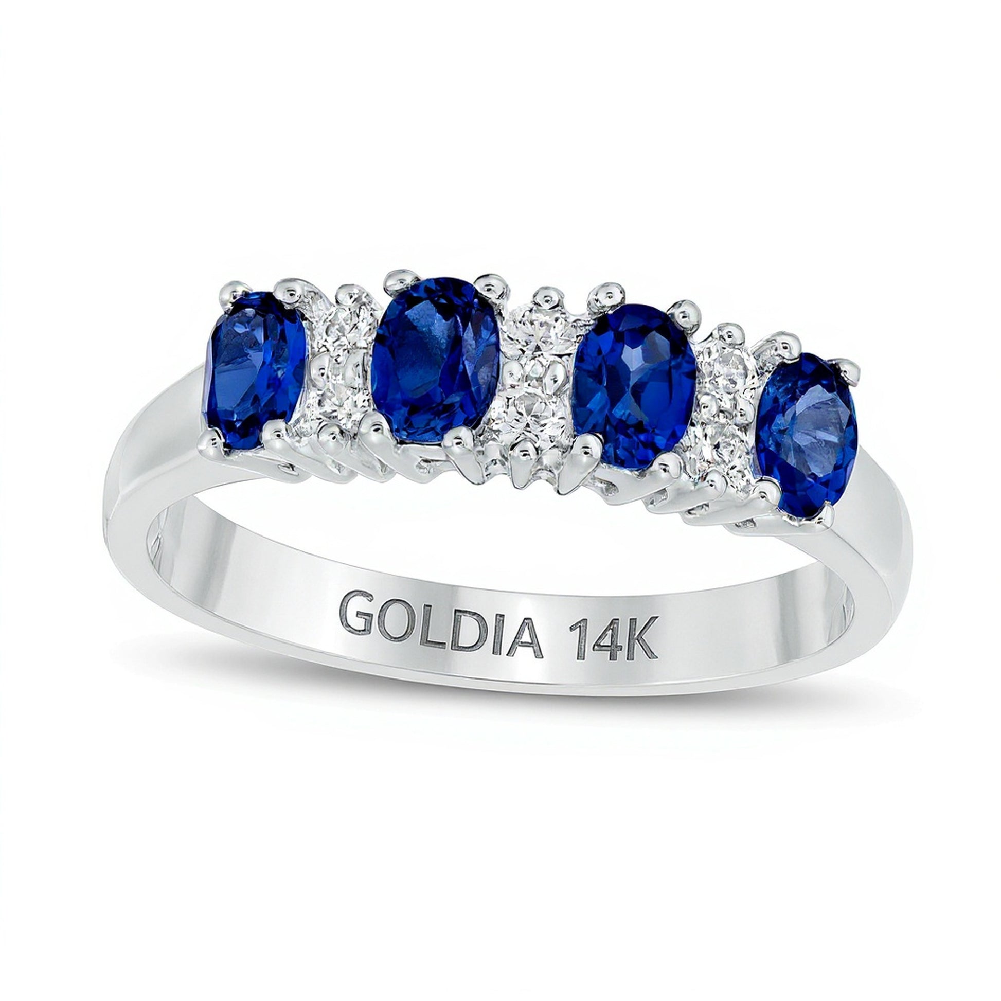 Oval Blue Sapphire and 0.1 CT. TW Diamond Duo Alternating Four Stone Ring in 14K White Gold