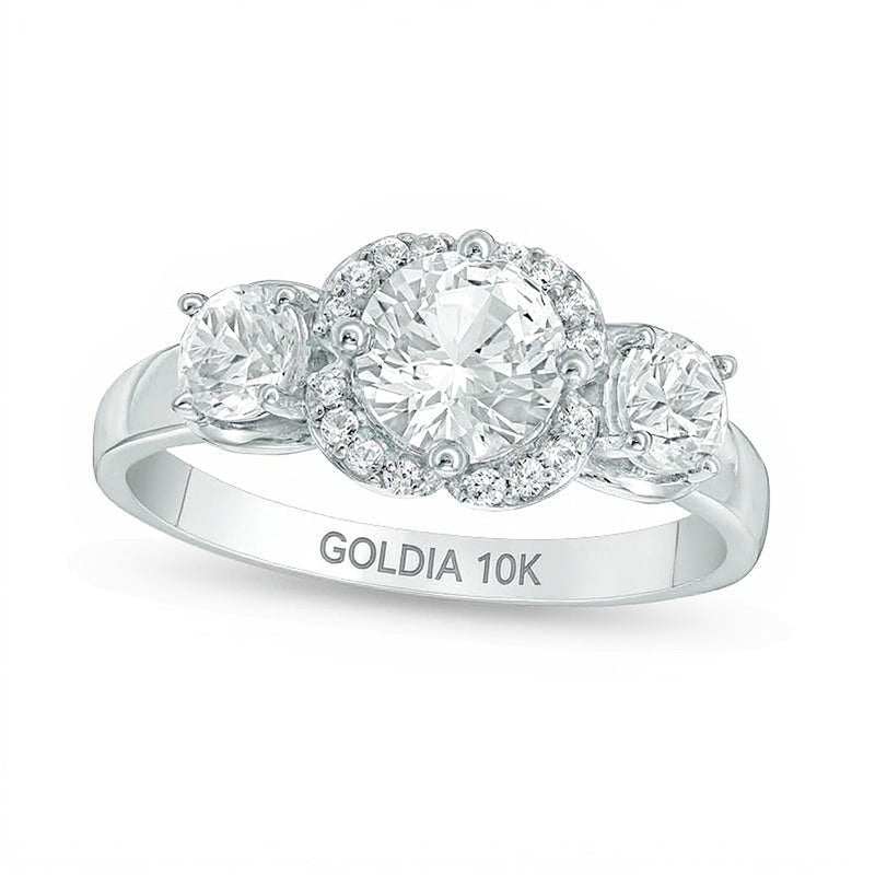 Lab-Created White Sapphire Three Stone Flower Frame Engagement Ring in 10K White Gold