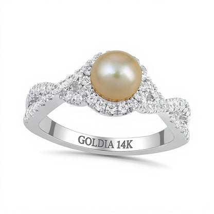 6.0mm Pink Freshwater Cultured Pearl and 0.5 CT. TW Lab-Grown Diamond Frame Crossover Shank Ring in 14K White Gold