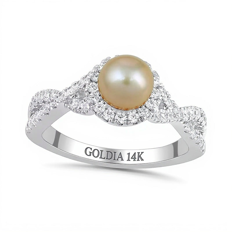 6.0mm Pink Freshwater Cultured Pearl and 0.5 CT. TW Lab-Grown Diamond Frame Crossover Shank Ring in 14K White Gold
