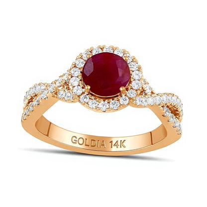 6.0mm Ruby and 0.5 CT. TW Lab-Grown Diamond Frame Crossover Shank Ring in 14K Rose Gold