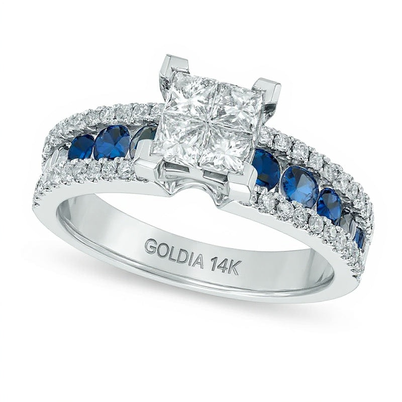 0.75 CT. TW Quad Princess-Cut Diamond and Blue Sapphire Ring in 14K White Gold