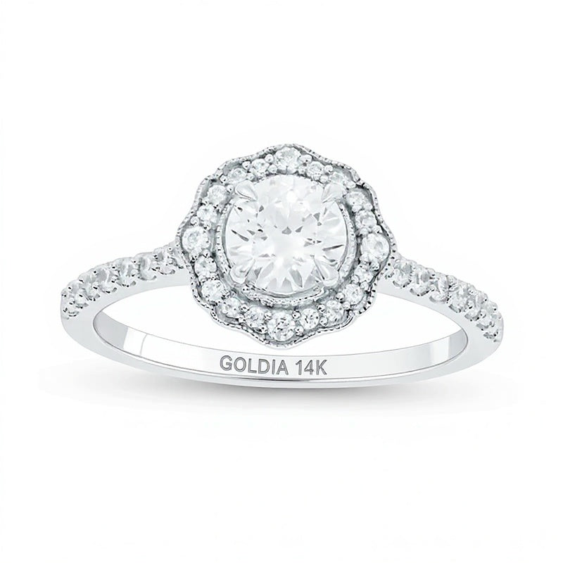0.75 CT. TW Diamond Frame Vintage-Style Flower Engagement Ring in 14K White Gold (I/I2)