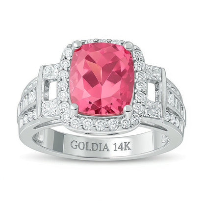 Cushion-Cut Pink Tourmaline and 1.25 CT. TW Diamond Frame Collar Ring in 14K White Gold