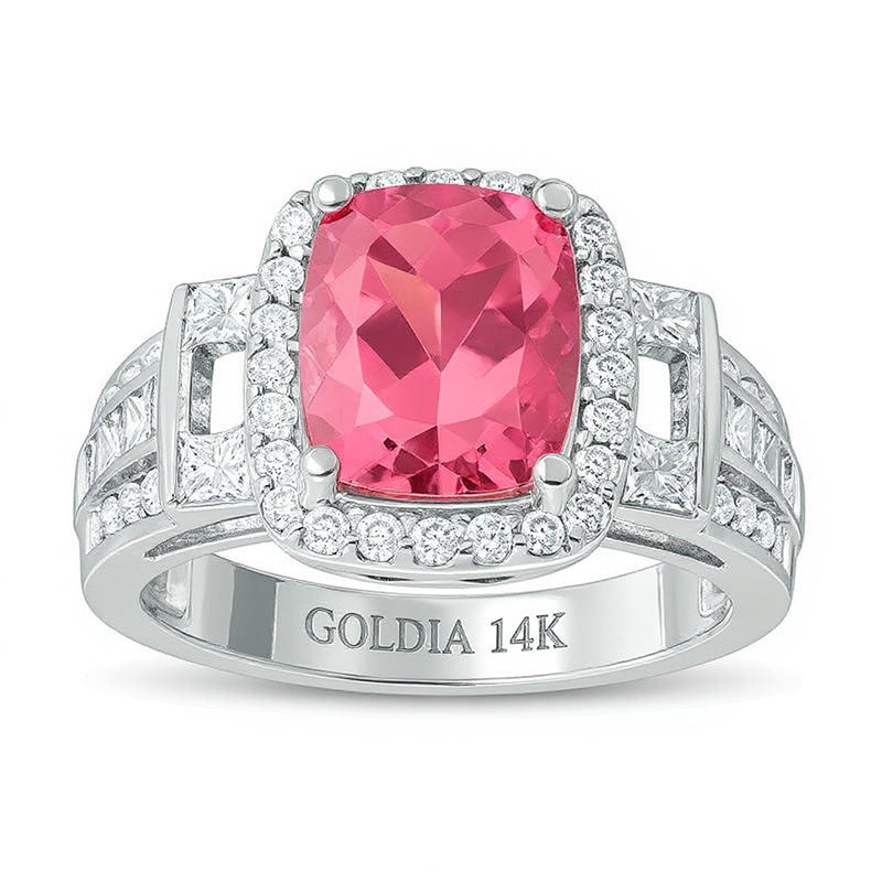 Cushion-Cut Pink Tourmaline and 1.25 CT. TW Diamond Frame Collar Ring in 14K White Gold
