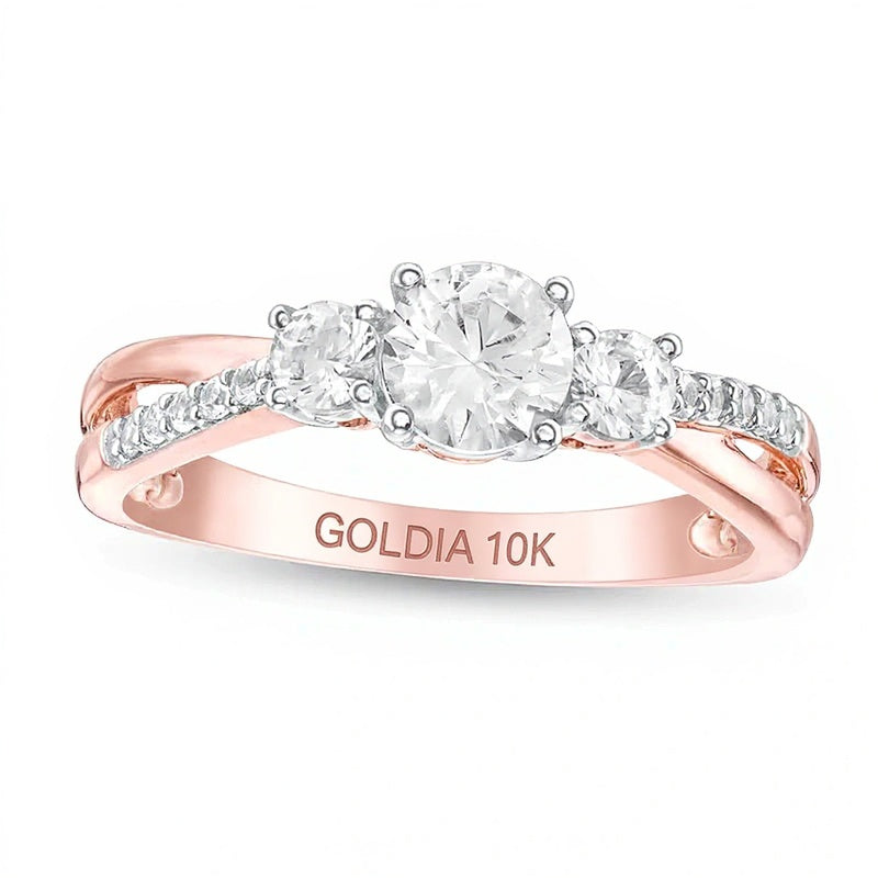 Lab-Created White Sapphire Three Stone Split Shank Ring in 10K Rose Gold