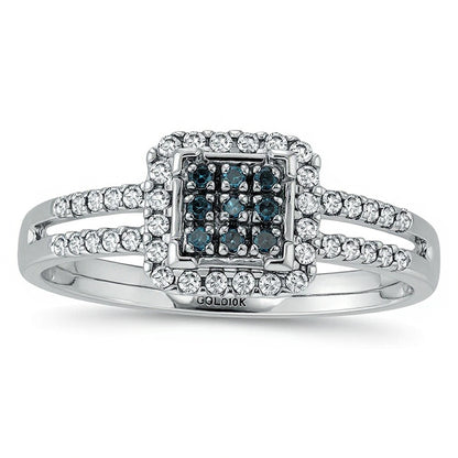 0.25 CT. TW Enhanced Blue and White Diamond Square Frame Split Shank Ring in 10K White Gold