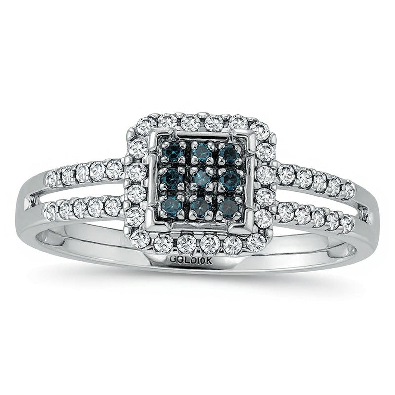 0.25 CT. TW Enhanced Blue and White Diamond Square Frame Split Shank Ring in 10K White Gold