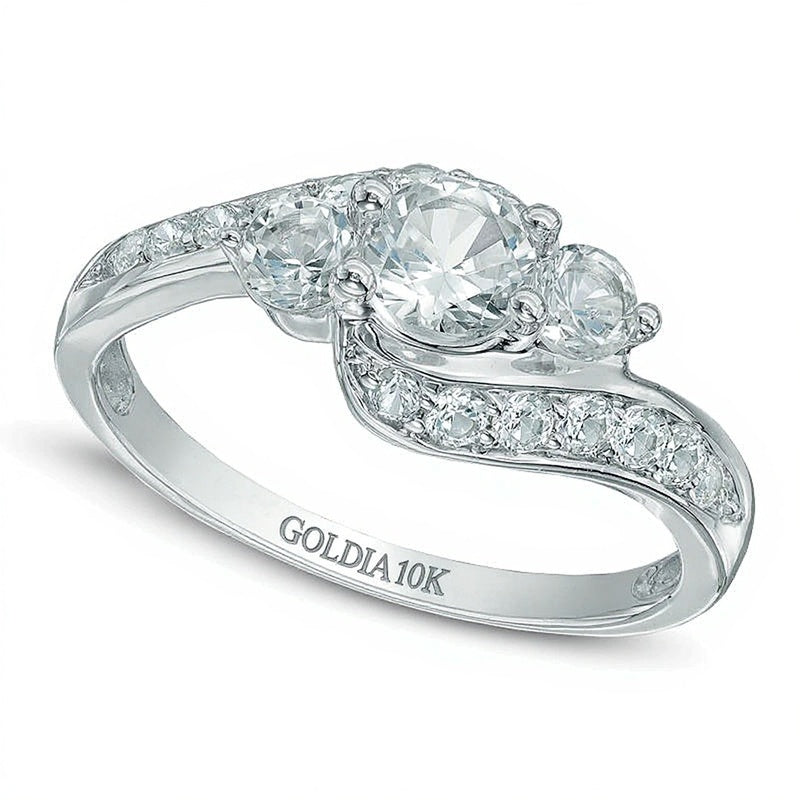 Lab-Created White Sapphire Three Stone Bypass Ring in 10K White Gold