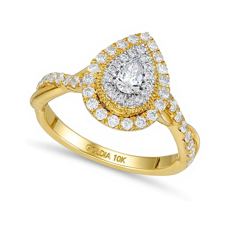 0.75 CT. TW Pear-Shaped Diamond Double Frame Twist Shank Engagement Ring in 10K Gold