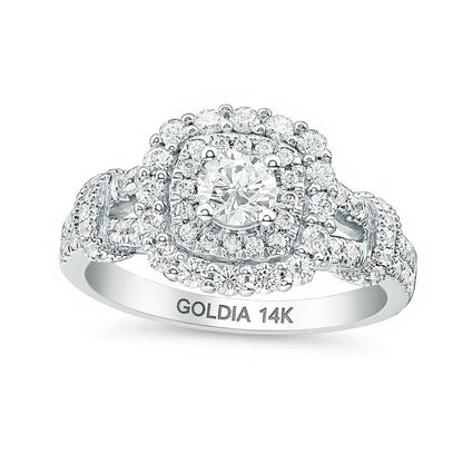 1.0 CT. TW Diamond Double Cushion Frame Collar Vintage-Style Engagement Ring in 14K White Gold