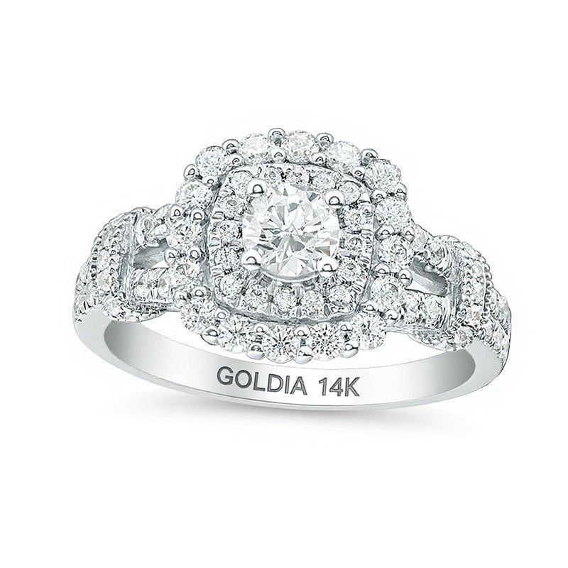 1.0 CT. TW Diamond Double Cushion Frame Collar Vintage-Style Engagement Ring in 14K White Gold
