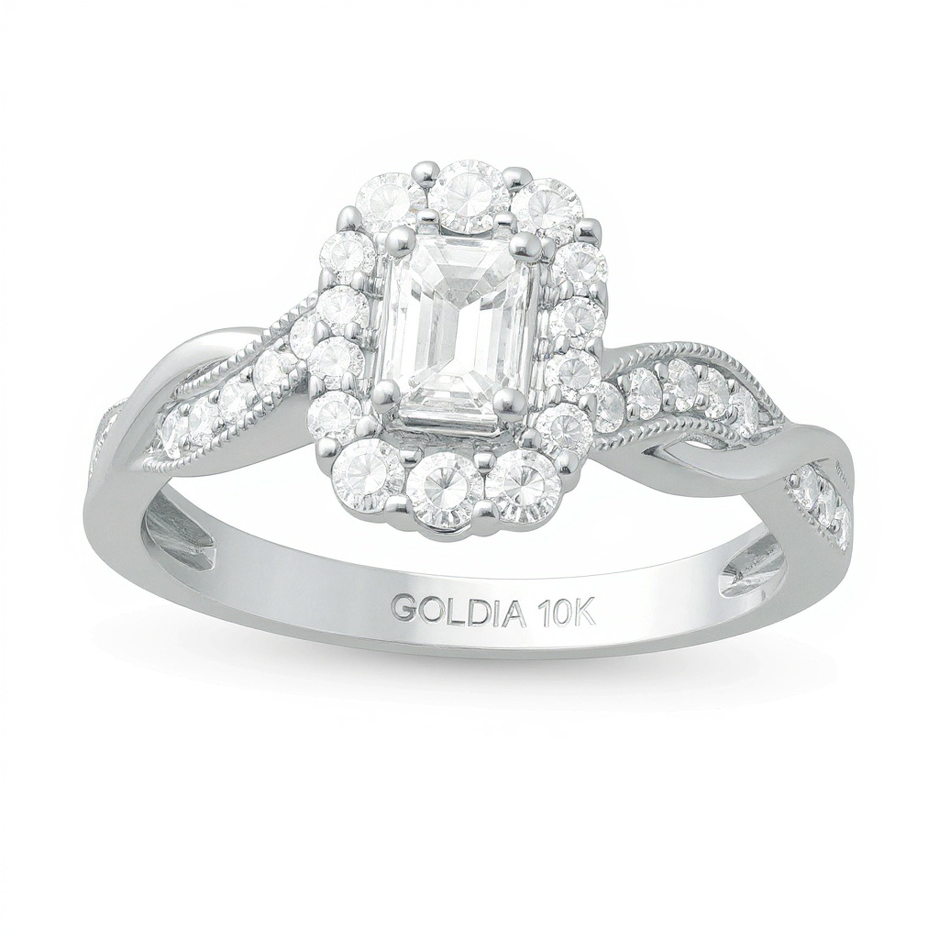 0.75 CT. TW Emerald-Cut Diamond Frame Twist Shank Vintage-Style Engagement Ring in 10K White Gold