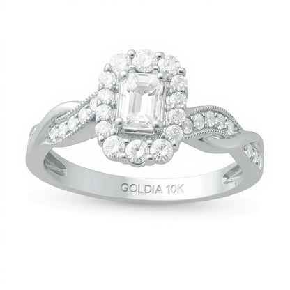 0.75 CT. TW Emerald-Cut Diamond Frame Twist Shank Vintage-Style Engagement Ring in 10K White Gold