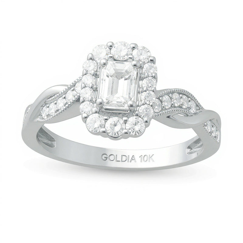 0.75 CT. TW Emerald-Cut Diamond Frame Twist Shank Vintage-Style Engagement Ring in 10K White Gold