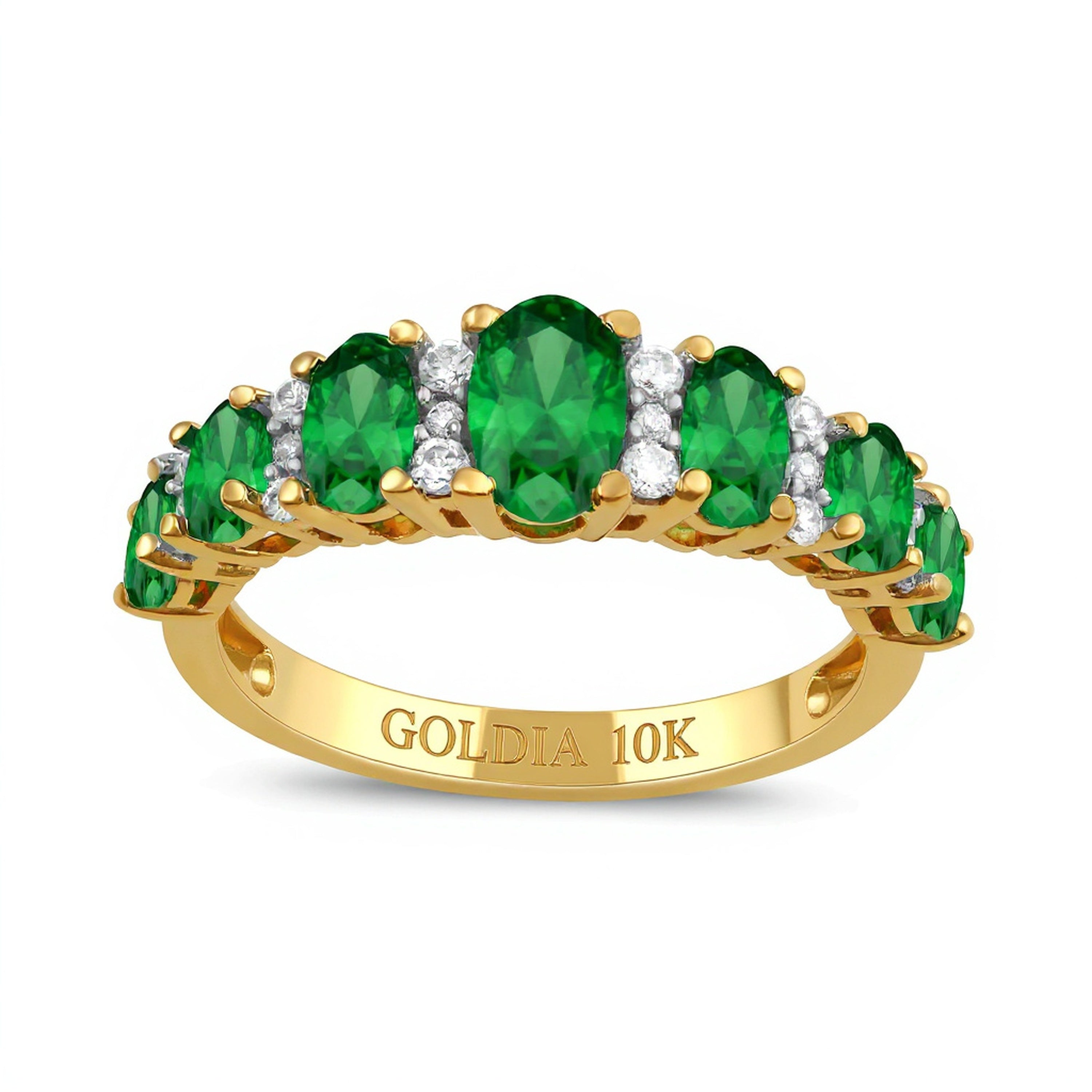 Oval Emerald and 0.13 CT. TW Diamond Graduated Seven Stone Alternating Trios Ring in 10K Gold