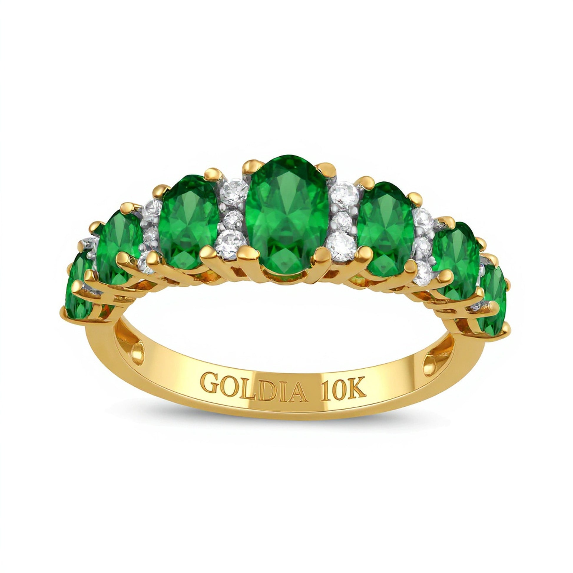 Oval Emerald and 0.13 CT. TW Diamond Graduated Seven Stone Alternating Trios Ring in 10K Gold