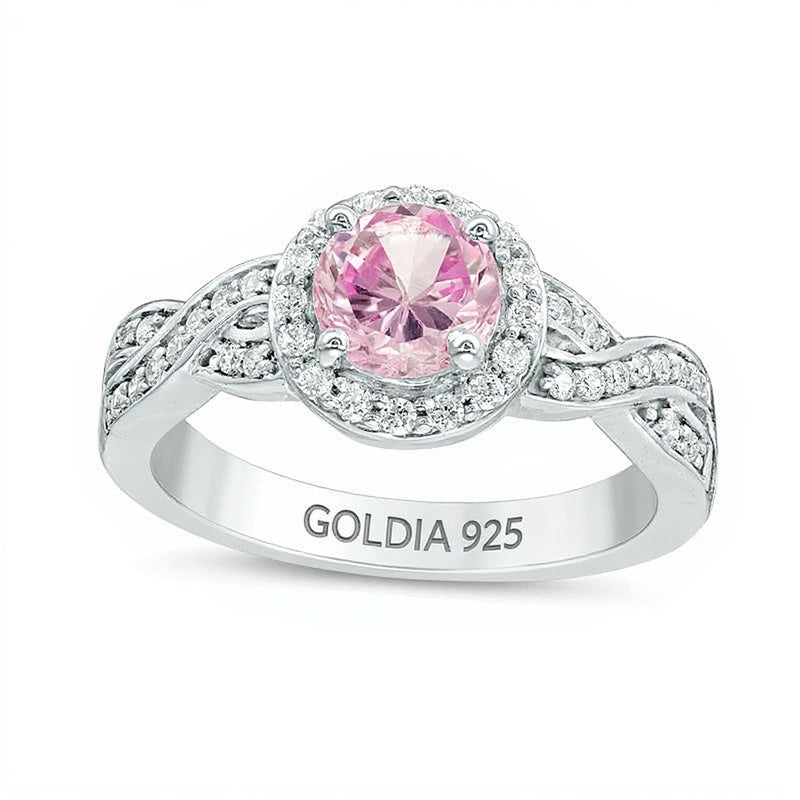 7.0mm Lab-Created Pink Sapphire and 0.25 CT. TW Diamond Braid Engagement Ring in Sterling Silver