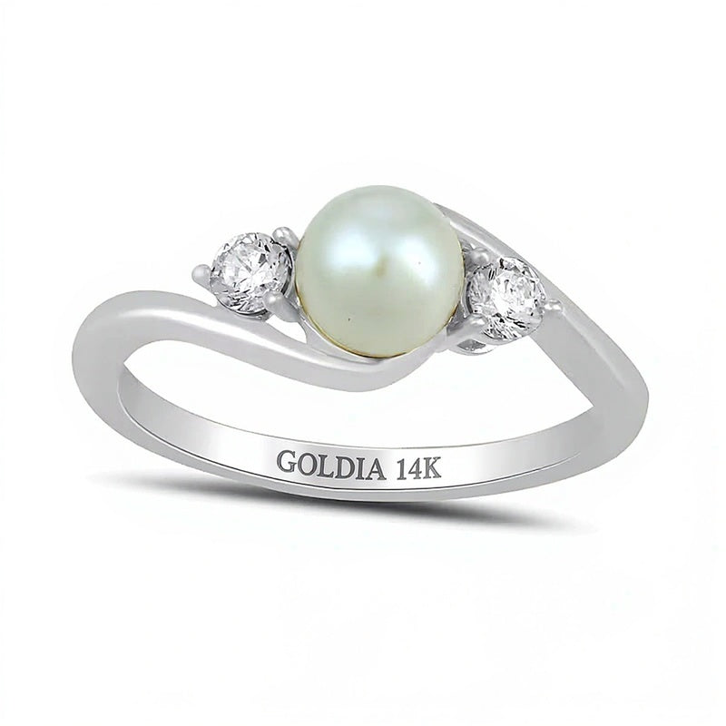 6.0mm Freshwater Cultured Pearl and 0.2 CT. TW Lab-Grown Diamond Three Stone Bypass Ring in 14K White Gold