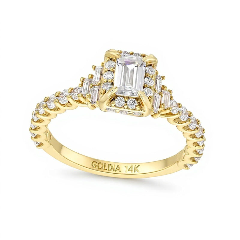 1.25 CT. TW Emerald-Cut Diamond Frame Tri-Sides Engagement Ring in 14K Gold