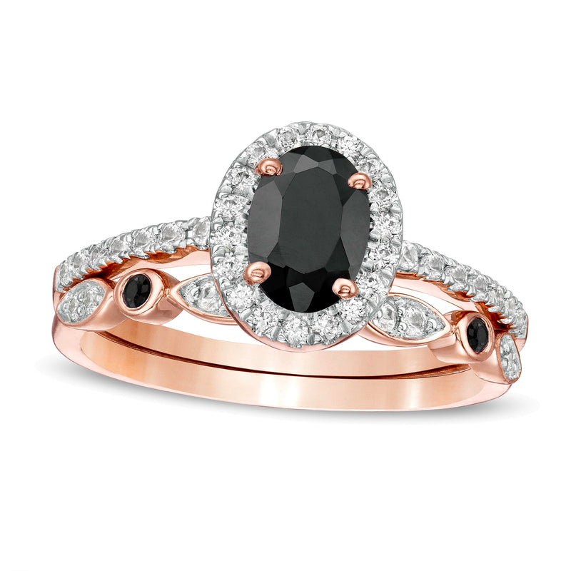 Oval Black Spinel and Lab-Created White Sapphire Frame Art Deco Bridal Set in 10K Rose Gold