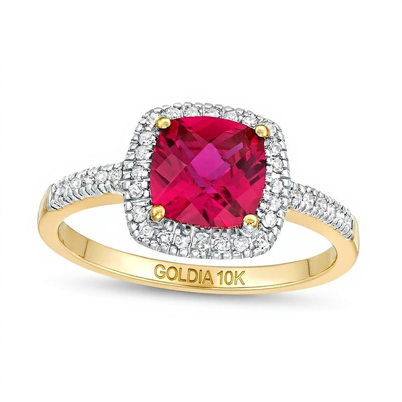 7.0mm Checkerboard Cushion-Shaped Lab-Created Ruby and 0.2 CT. TW Diamond Frame Ring in 10K Gold