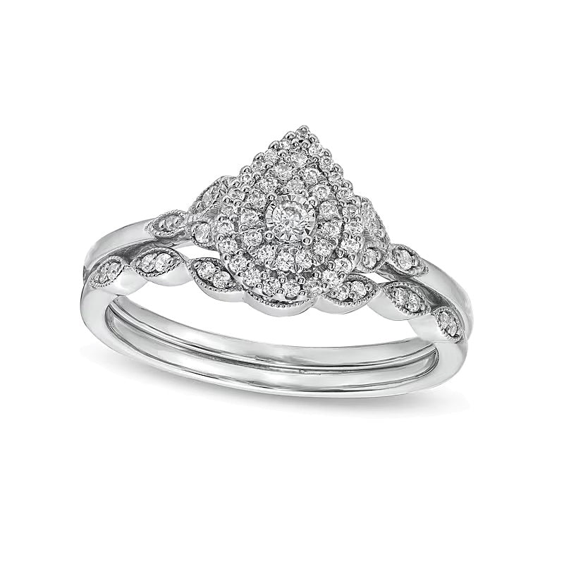 0.25 CT. TW Pear-Shaped Multi-Diamond Vintage Style Bridal Set in 10K White Gold